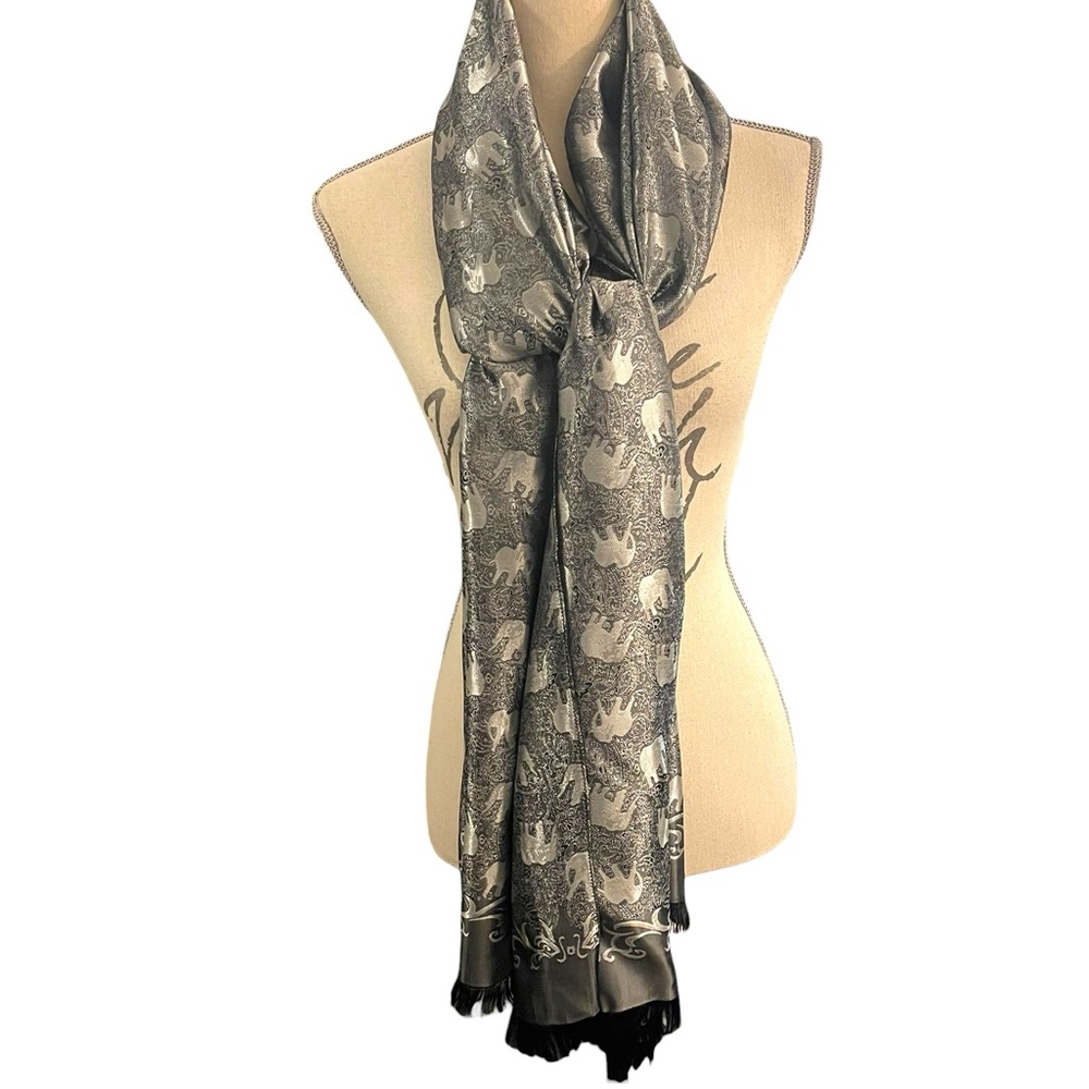 Black/Grey/Silver Fringe Elephant Reversible Silky Scarf Wrap Shawl - Picture 7 of 11